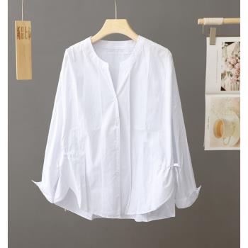法式洋氣白色襯衫女純棉長袖寬松休閑圓領上衣設計感小眾襯衣寸衫
