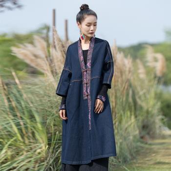 2022新款女裝民族風繡花刺繡牛仔中長外套