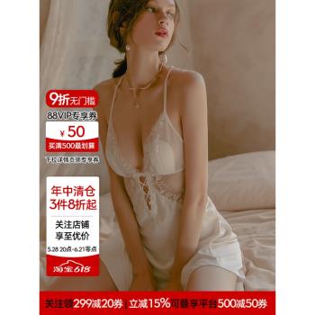 性感睡衣女夏季帶胸墊V領蕾絲花邊吊帶睡裙私房誘惑美背床上短裙