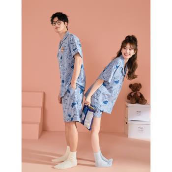 小熊奶黃包聯名睡衣男款夏季純棉短袖可外穿家居服女卡通情侶套裝