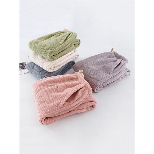 冬天法蘭絨豎條保暖女士睡褲收口彈力加絨家居長褲外穿仙女暖暖褲