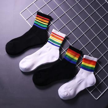 潮襪彩虹條紋棉羽毛球運動襪子