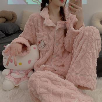 粉色凱蒂貓女長毛珊瑚絨卡通睡衣
