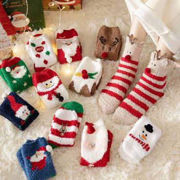 堅果媽咪圣誕節珊瑚絨襪子女中筒襪加絨加厚保暖平安夜冬季長筒襪