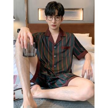 睡衣男款夏季薄款冰絲男士短袖短褲家居服夏天條紋高階感絲綢套裝