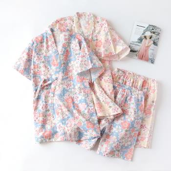 日系簡約和服睡衣2023新款女夏季短袖短褲寬松大碼純棉家居服套裝
