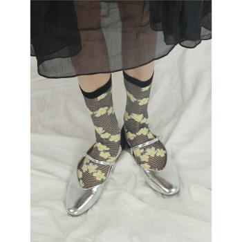 小黃花夏季薄款黑條紋個性花朵女士水晶絲中筒襪玻璃絲襪學生短襪