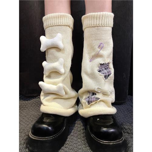 海苔商店 原創純手工破洞格紋毛線針織骨頭別針亞文化y2k腿襪腿套