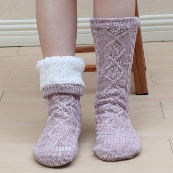 冬季男女高品質加厚羊羔絨保暖防滑毛線地板襪子居家睡眠襪套中筒