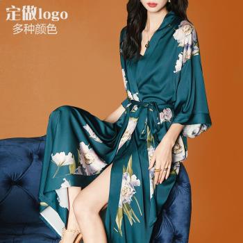 中國風女春夏新款綢緞墨綠色睡衣