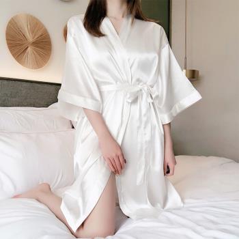 女冰絲白色可愛韓版浴袍式睡衣
