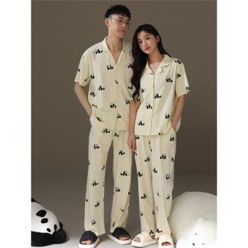 熊貓睡衣情侶裝夏季純棉短袖長褲一男一女甜美卡通開衫家居服套裝