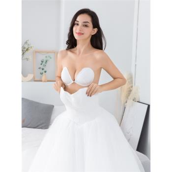 婚紗禮服伴娘專用紫色隱形內衣夏季無肩帶文胸加厚小胸乳聚攏上託