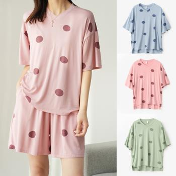 柔軟清涼女士莫代爾家居服波點V領短袖T恤睡衣起居服夏款山東網店