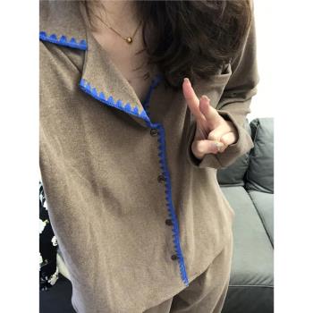 甜美撞色毛絨翻領女休閑長袖睡衣