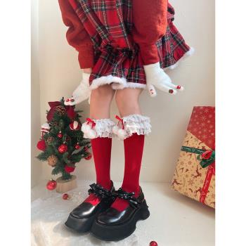 襪貴人新品洛麗塔少女軟妹紅色圣誕毛球多層花邊中筒小腿堆堆襪女