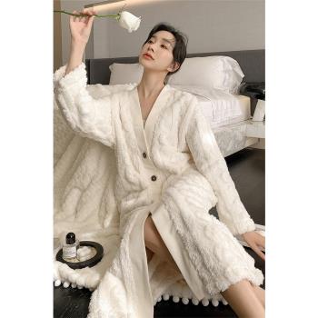 長款珊瑚絨加厚白色性感女睡袍