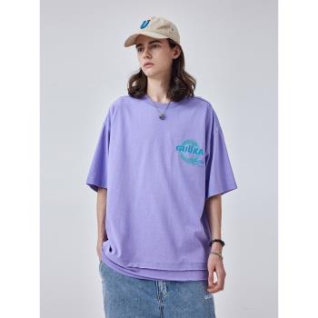 GUUKA紫色短袖潮拼接落肩刺繡t恤