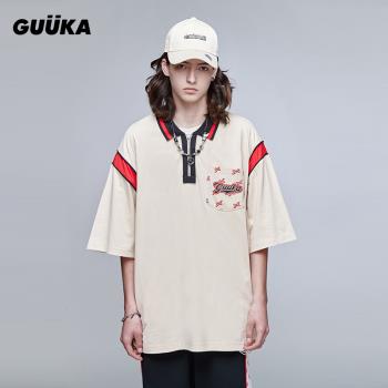 GUUKA國潮日系復古短袖polo衫T恤青年撞色拼接口袋裝飾五分袖寬松