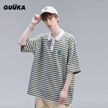 GUUKA潮牌綠色條紋短袖POLO衫男夏青少年嘻哈小兔刺繡半袖T恤寬松