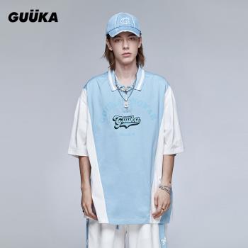 GUUKA藍白拼接重磅短袖POLO衫男潮 學生嘻哈logo印花運動半袖寬松