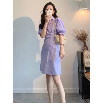 紫色polo領襯衫連衣裙子收腰顯瘦別致獨特法式氣質夏季2023新款女
