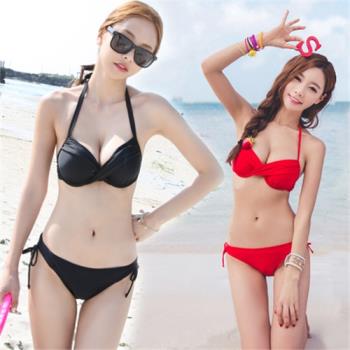 韓版分體bikini紅色黑色鋼托聚攏胸三角比基尼女泳衣大胸小胸泳裝
