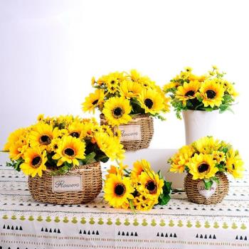 向日葵仿真絹花籃裝飾擺件客廳餐桌面冰箱擺設尤加利太陽花卉擺放
