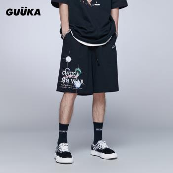 GUUKA黑色休閑短褲男純棉學生嘻哈運動五分褲子寬松高街潮ins夏季