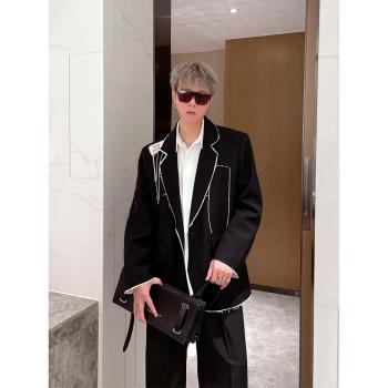 LUOKA 黑色西裝外套男流蘇邊明線設計新款高級感寬松ins休閑西服