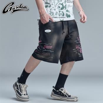 GUUKA做舊洗褪短褲男潮牌 學生嘻哈運動機械手印花運動五分褲寬松