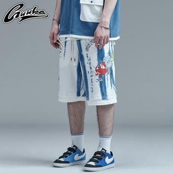 GUUKA藍白扎染運動短褲男潮牌 學生嘻哈假兩件愛心運動五分褲寬松