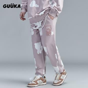 GUUKA粉色運動束腳褲男潮牌 春季學生嘻哈熊印花刺繡純棉衛褲寬松