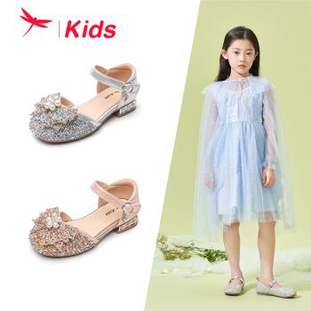 紅蜻蜓女童2023夏季新款水鉆包頭涼鞋小學生高跟軟底舞蹈鞋禮儀鞋