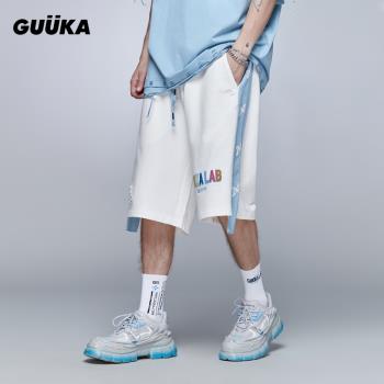 GUUKA藍白拼接休閑短褲男潮 情侶嘻哈側邊串標破洞五分褲運動寬松