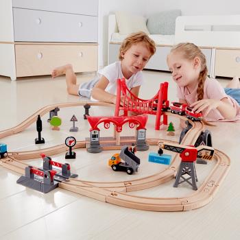 Hape配件多功能套火車積木吊橋車站橋墩隧道兒童玩具通用木質軌道