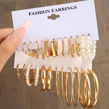 earrings women幾何形復古珍珠耳飾赫本風耳環套裝6件套金屬耳圈