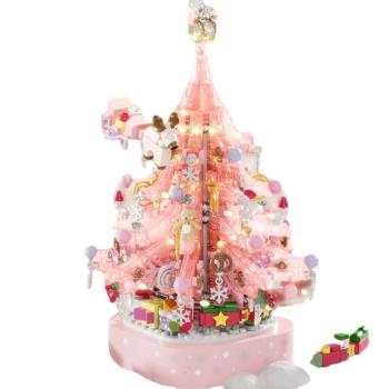 粉色水晶圣誕樹積木積木旋轉音樂盒節日禮物圣誕節玩具