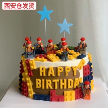卡通兒童生日蛋糕裝飾擺件積木機器人城市工程人仔公仔帶武器