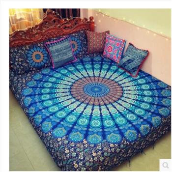 印度孔雀藍曼陀羅掛毯防灰壁毯波西米亞沙灘巾房裝飾掛布桌布窗簾