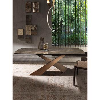 意式輕奢極簡巖板長方形古銅不銹鋼框架小戶型家用設計師網紅餐桌
