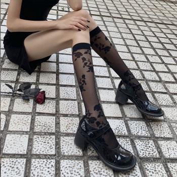 黑色玫瑰花絲襪小腿襪黑絲蕾絲性感ins潮襪子女中筒襪白色長筒jk