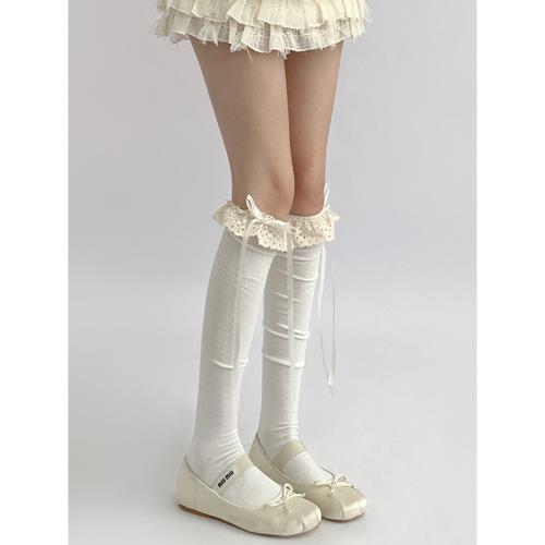 夜間教習室白色過膝襪女春秋綁帶洛麗塔jk小腿襪蕾絲花邊堆堆襪子