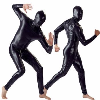 男士漆皮連頭套連體衣性感拉鏈開襠緊身衣夜店舞臺演出服大碼皮衣