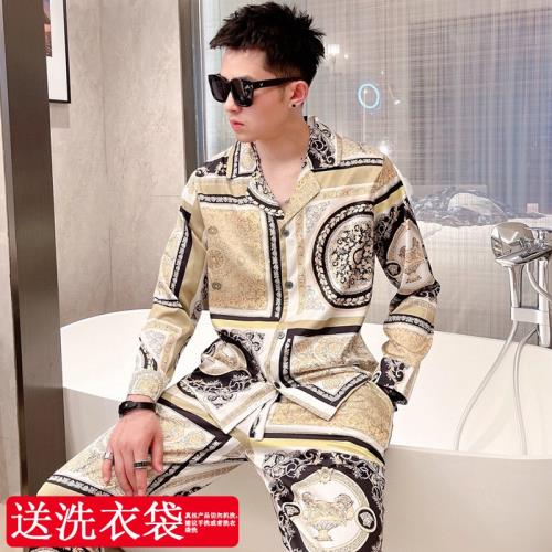 巴洛克睡衣男真絲長袖長褲春秋套裝復古美杜莎潮牌奢華冰絲家居服