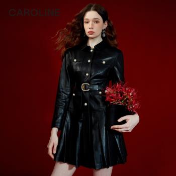 CAROLINE皮質黑色復古機車連衣裙