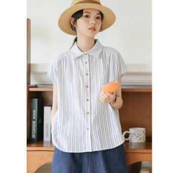 2023夏季新款韓版法式別致氣質條紋短袖襯衫女設計感小眾chic上衣