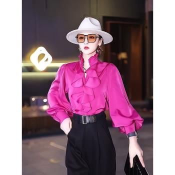 春季女2025新款玫瑰紅襯衫設計感早春獨特超好看今年流行漂亮上衣