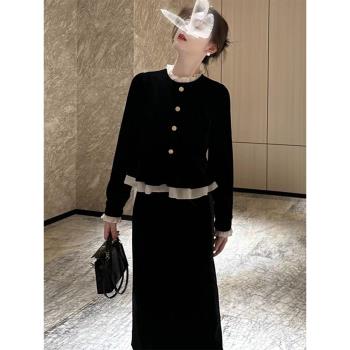 女裝法式黑色絲絨秋季長袖連衣裙