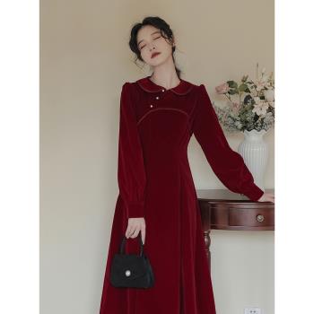 秋冬新中式旗袍改良年輕款優雅氣質復古回門敬酒紅色絲絨連衣裙女